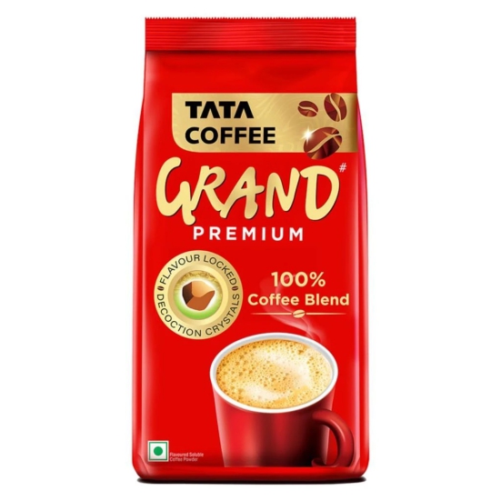 Tata Coffee Grand Premium Instant Coffee, 200g Pouch, Powder Bag/Pouch, With Flavour Locked Decoction Crystals, Flavoured Soluble Coffee Powder, Rich Aroma & Great Taste