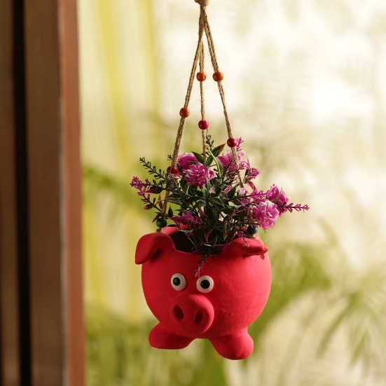 Swinging Pig Handmade & Handpainted Terracotta Hanging Planter Pot (5.5 Inch)