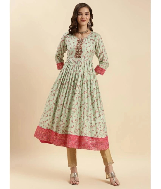 Rangita Women Sea Green Silk Embroidered Calf Length Anarkali Kurti - None