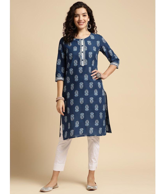 Rangita Women Indigo Cotton Printed Knee Length Straight Kurti - None