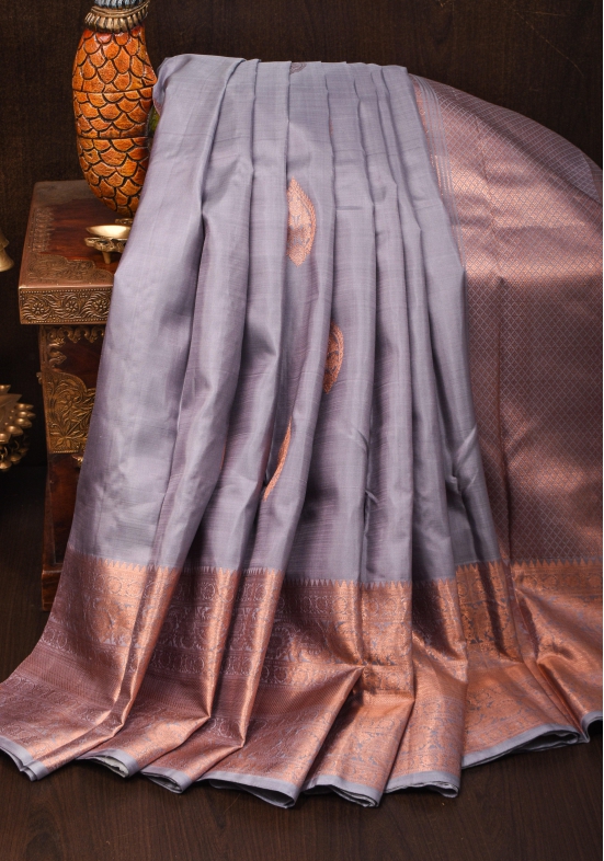 Gray Kanjivaram Pure Silk Saree with Damask Motifs with wide zari copper border | SILK MARK CERTIFIED