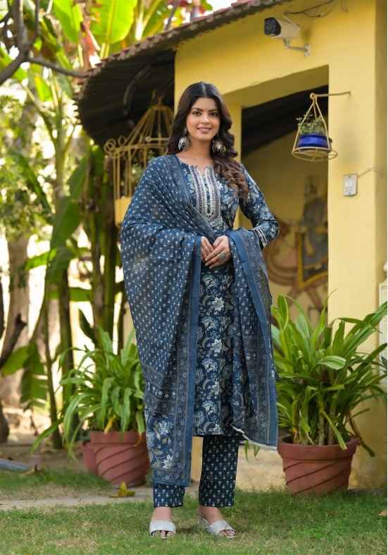 Blue Printed Straight Kurta Set with Bottom Wear and Dupatta-XXL