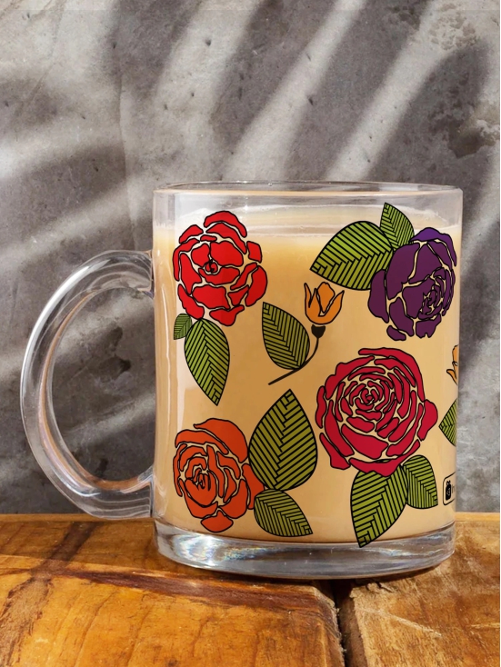 Indigifts Transparent Mug for Coffee Leafy Love Printed Transperant Glass tea mug| Crystal Clear Glass Coffee Mug Set| Crystal Clear Glass Tea Mug Set|Printed Glass Cup for Tea|Glass for Coffee 325 ml