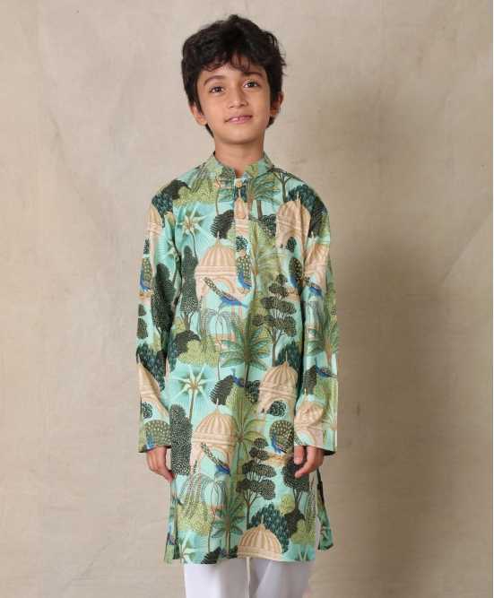 GREEN TEMPLE PRINTED PURE COTTON KURTA - GREEN-5-6 YEARS / 1N / GREEN