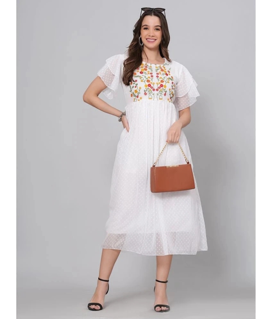 JC4U Crepe Embroidered Midi Womens Fit & Flare Dress - White ( Pack of 1 ) - None