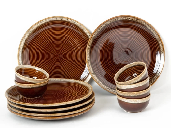 Bodhi House Ceramic Dinner Set, 12 Pieces, Handcrafted Reactive Glaze Dinnerware, Stoneware Dining Sets Serving for 6, Microwave, Dishwasher Safe, Glossy Finish Crockery Set for Gifting, Peanut Brown