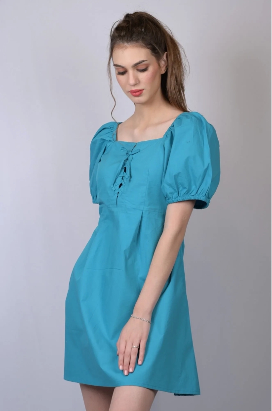 OWO THE LABEL Turquoise Blue Square Neckline Dress (OTL-DRS1021)-Blue / XL