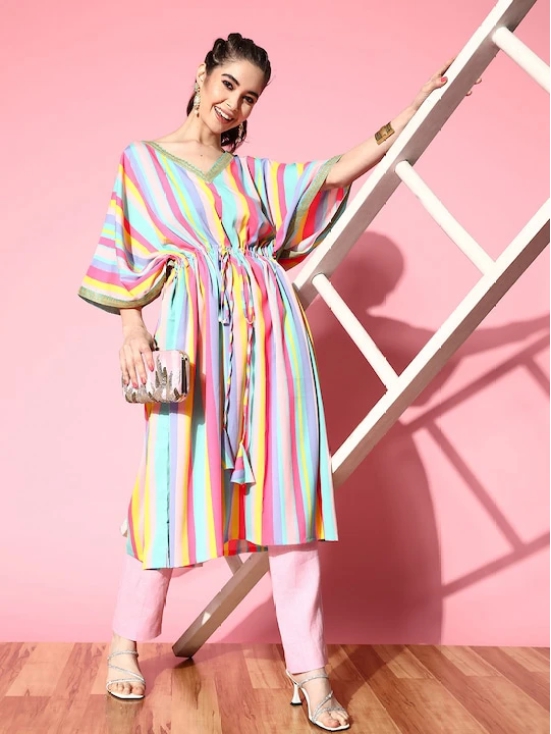 Women Striped Flared Sleeves Crepe Kaftan Kurta