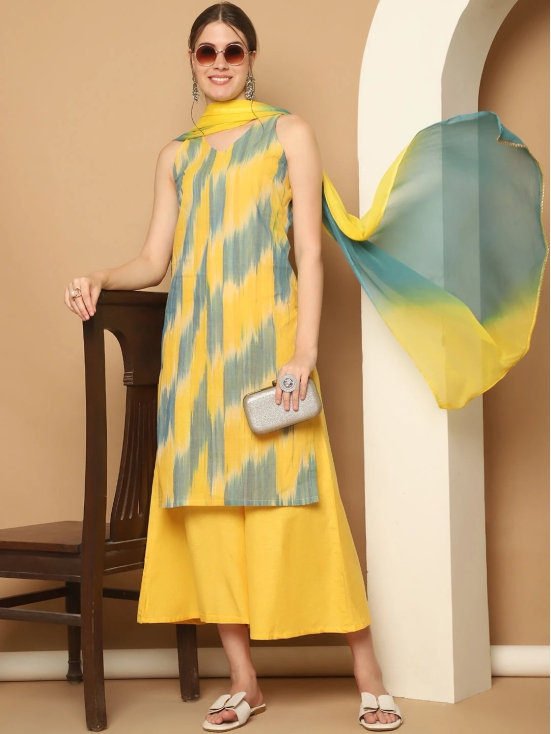 Woven Design Yellow Cotton Kurta with Palazzos & With Dupatta-M / Yellow