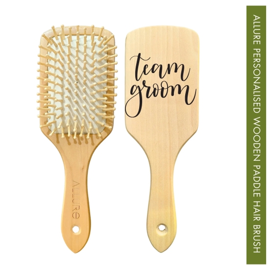 Allure Personalised wooden paddle hair brush with team groom print