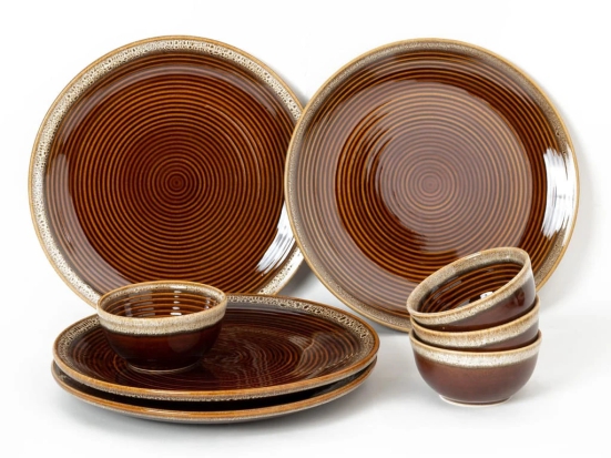 Bodhi House Ceramic Dinner Set, 8 Pieces, Handcrafted Reactive Glaze Dinnerware, Stoneware Dining Sets Serving for 4, Microwave, Dishwasher Safe, Glossy Finish Crockery Set for Gifting, Peanut Brown