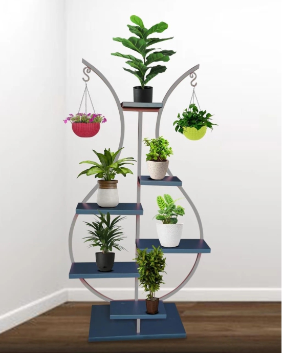 Decorative Iron 6 Tier Flower Pot Holder Shelf Indoor & Outdoor Metal Plant Stand Space Saving Garden Planter for Multiple Pots-White & Blue