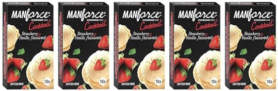 Manforce Cocktail Condoms (Dotted-Rings) Strawberry & Vanilla Flavoured 10 Pcs x Pack of 5