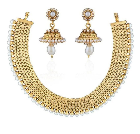 YouBella Golden and White Traditional Pearl Necklace Set