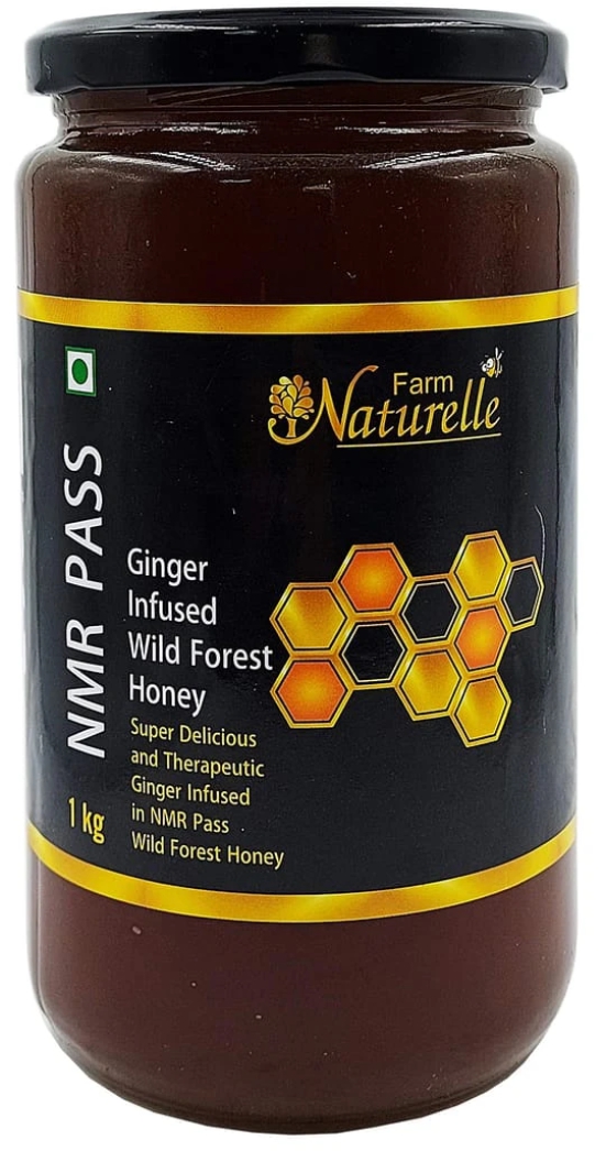 Farm Naturelle- Raw 100% Natural NMR Tested , Pass , Certified Super Delicious and Therapeutic Ginger Infused in Wild Forest Honey (1 Kg ) Glass Bottle.