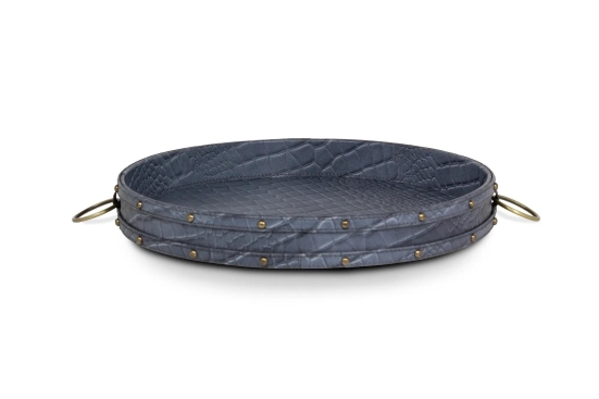 Round Tray In Genuine Croco Leather Grey-Grey