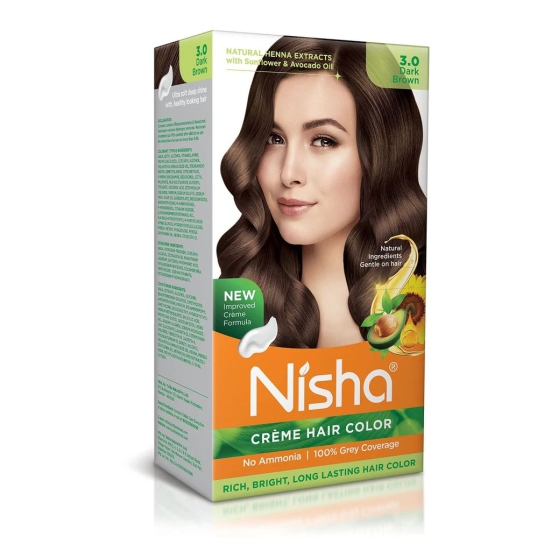 Nisha Creme Hair Color 3.0 Dark Brown 120g, Permanent Hair Color for Women & Men, Ammonia Free Hair Colour