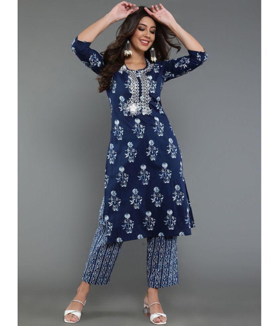 Antaran Cotton Blend Printed Kurti With Pants Womens Stitched Salwar Suit - Blue ( Pack of 1 ) - None