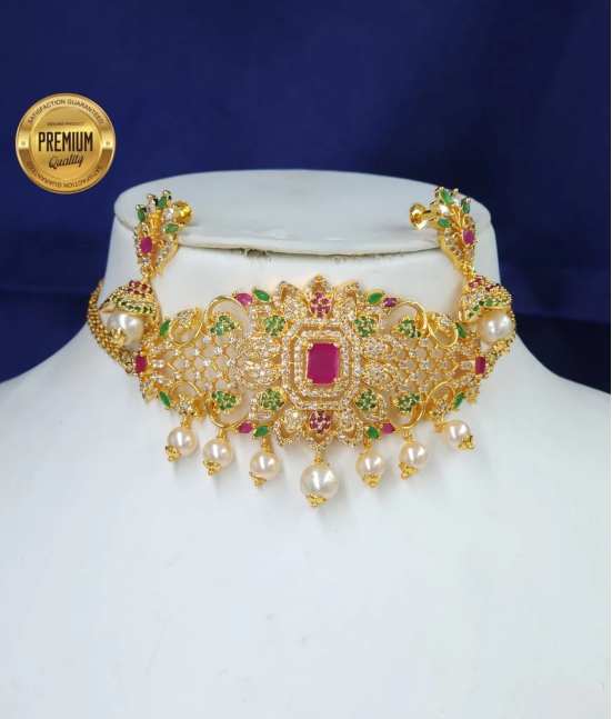 Stunning Gold-Plated Kundan and Pearl Choker Necklace Set with Earrings for Women