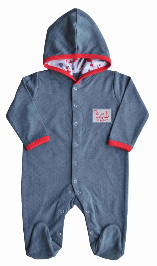 Midnight Blue Hoody Full Romper/Sleeper with Feet and Crab Anchor Printed Hood(100% Cotton)