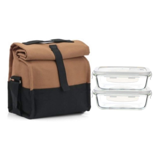 Femora Borosilicate Glass Rectangle Container Camel Black Lunch Box, Set of 2