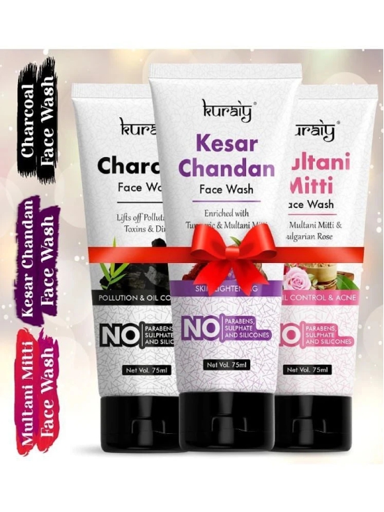 KURAIY Kesar Chandan Multani Mitti & Charcoal Skin Lightening &Tan Removal Face wash pack of 3