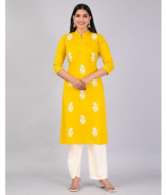 MAUKA Rayon Embroidered Kurti With Palazzo Womens Stitched Salwar Suit - Yellow ( Pack of 1 ) - None