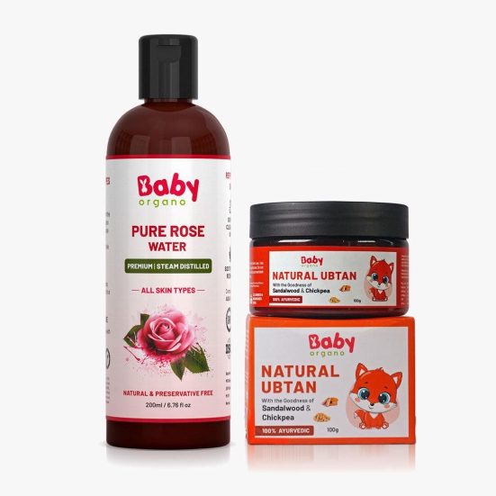 Babyorgano Baby Bath Powder and 99% pure rose water Combo | Natural Ubtan + Pure Rose Water | Made from Ayurvedic Herbs | 100% Safe for Babies