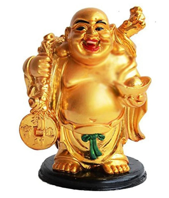 PrettyKrafts Polyresin Laughing Buddha A Huge Gold Ingot Showpiece Statue for Good Luck Prosperity Health Wealth Happiness Success Home Decor (9.5 cm X 6.5 cm)