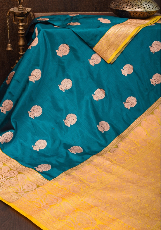 Banarasi Katan Silk Saree in Peacock Blue & Yellow with Damask Motifs | SILK MARK CERTIFIED