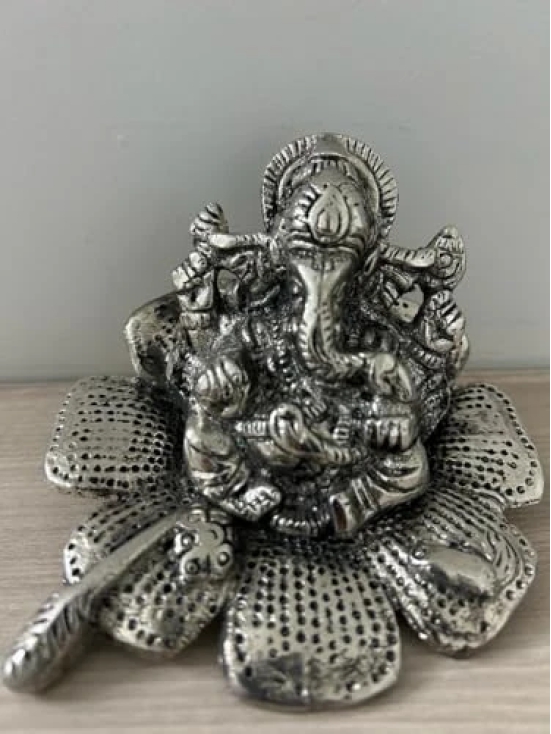 Aarna Creations Metal Ganesha | Silver Gudhal Ganesh | Antique Silver Hand-Carved Ganesh Sitting on Hibiscus