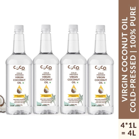 Coco Crush Cold-Pressed Virgin Coconut Oil, 100% Pure & Natural, Pack of 4 - 1000ml each