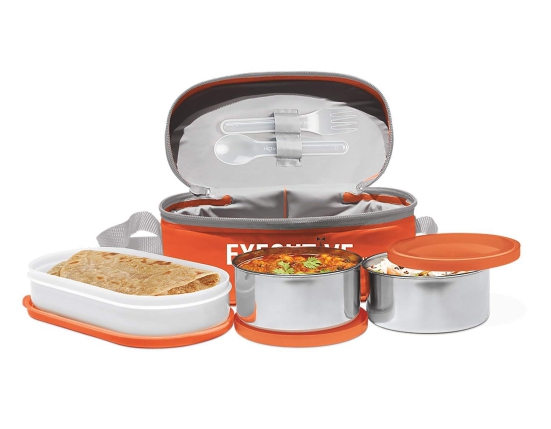 Milton Executive Lunch Insulated Tiffin,2 Round Containers, 1 Oval Container 450 Ml (Orange)