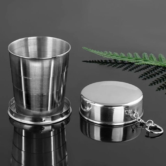 Leak Proof Stainless Steel Foldable 75 Ml Glass with Key Chain for Camping Hiking Drinking Travel Collapsible Cup Expandable Shot Glass Foldable Picnic Glass Silver Color 1 Pcs