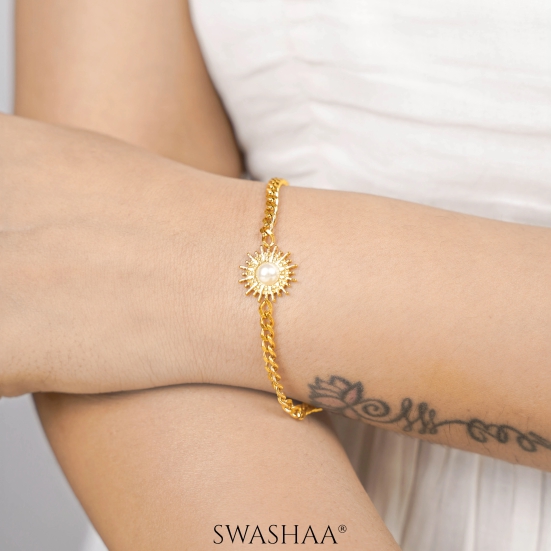 Sun And Pearl 18K Gold Plated Bracelet-Gold