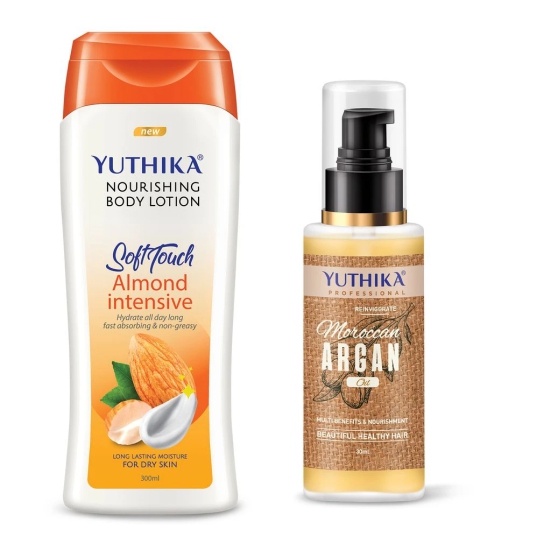 Yuthika Almond Body Lotion 300ml and Moroccan Argan Oil for Hair 30ml, Nourishing Bodylotion & Argan Hair Oil Combo Pack