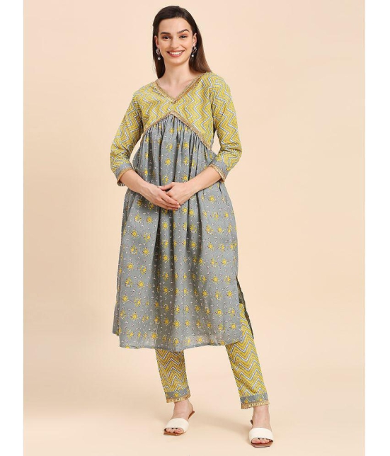 gufrina Cotton Printed Kurti With Pants Women's Stitched Salwar Suit - Light Grey ( Pack of 1 ) - None