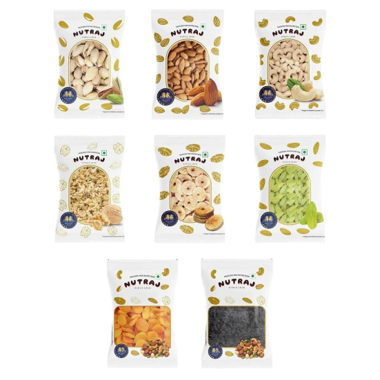 Nutraj Dry Fruits Combo Pack 800gm - Pistachios, Almond, Cashew, Black and Golden Raisins, Anjeer, Walnut Kernel, Dried Apricot (100gm Each)