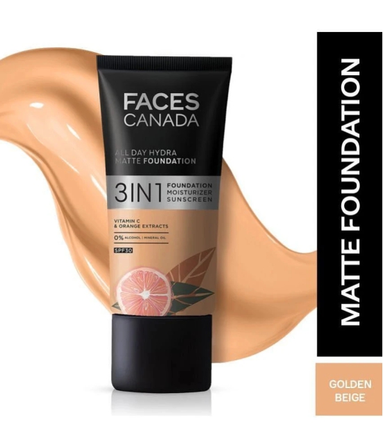 FACES CANADA Hydra Matte Foundation 3-in-1 Foundation + Moisturizer,SPF 30 | Golden Beige 032 | 25ml