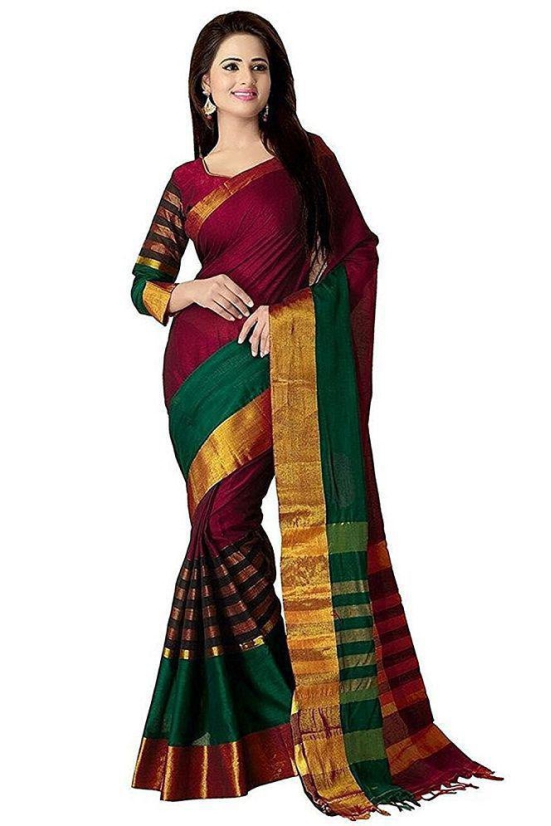 BHUWAL FASHION Green and Brown Cotton Silk Saree - Red