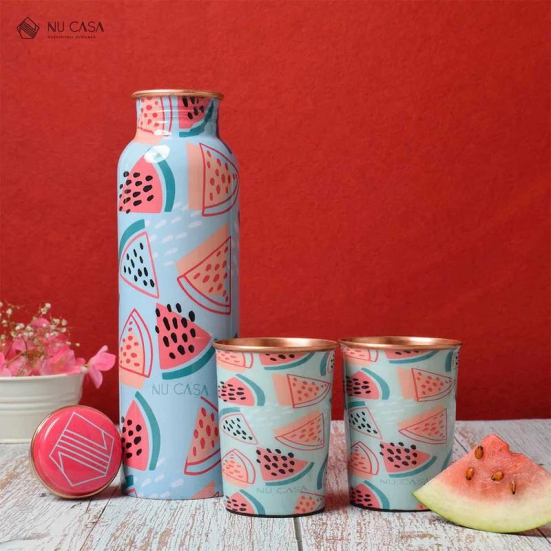 Watermelon Print Copper Bottle - 2 Bottles and 1 Glass