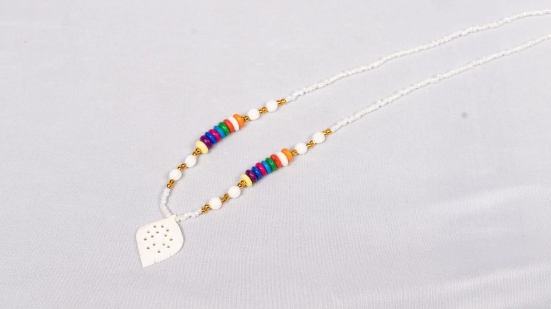 White Bone Carved Leaf Pendant Necklace with Multicolor Wood Beads