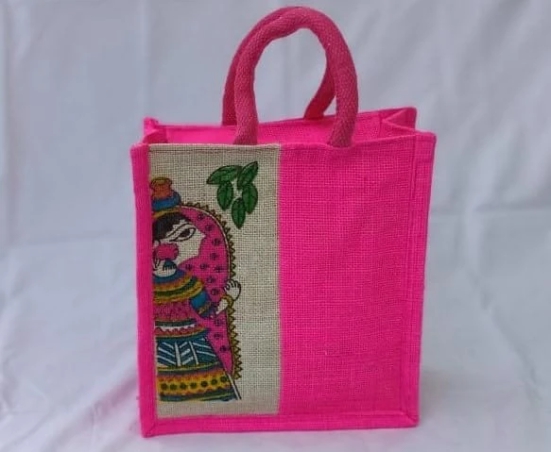 Sonchiraiya Printed Pink Colour Jute Bag