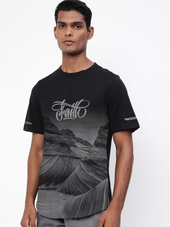 Men Black Graphic Printed and textured polyester T-shirt