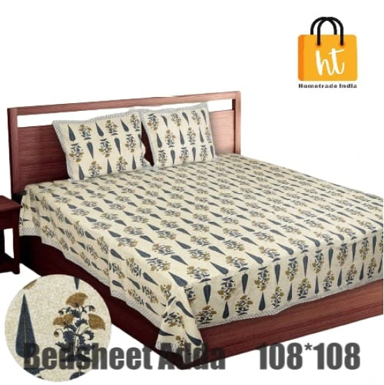 Bedsheet Adda-Super Mega King Size  King Size(108*108 in)-Pure Cotton Sanganeri Printed Jaipuri  Double Bedsheet With 2 Matching Pillow Covers-RJ-14-03-(108*108)-HT8001