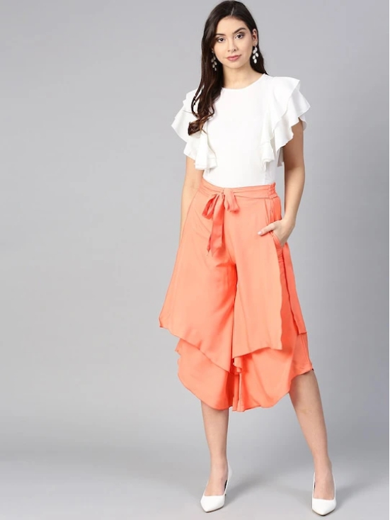 Women Off White & Peach-Coloured Ruffled Top with Layered Trousers