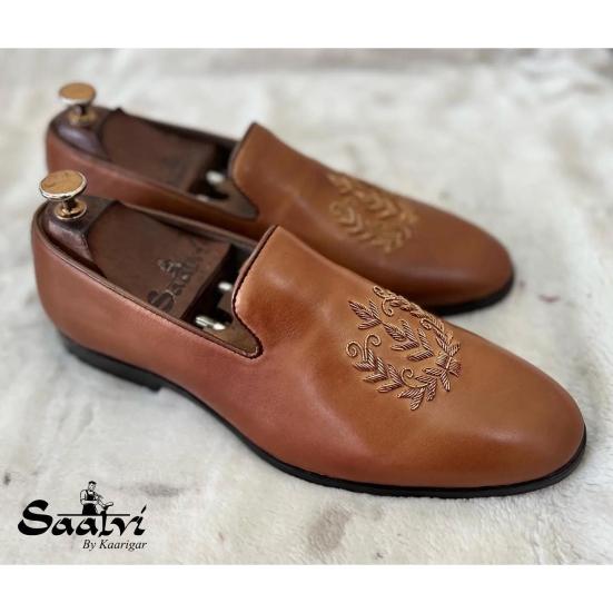 Tan Leaf Zardosi Slipons-UK7/US8/EU41