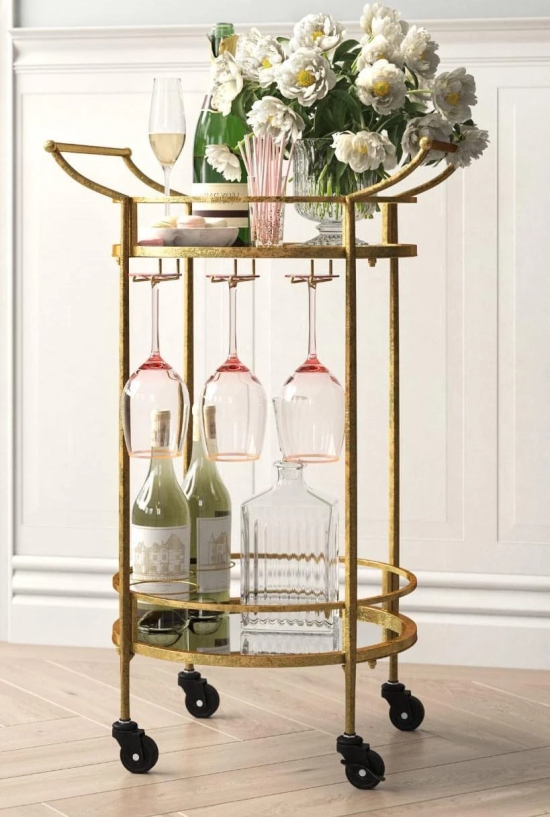 Golden Round Two Tier Bar Cart Trolley with Clear Glass Shelves-Golden