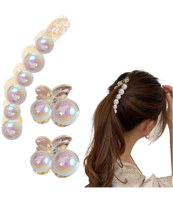 LYKAA Pearl Korean Banana Hair Clip with Two Pearl Clutchers, Ponytail Holder Fancy Clips - 3 Pcs - White