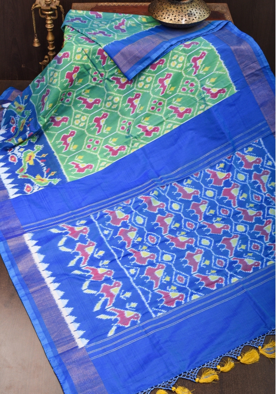 Ikkat Pochampally Pure Silk Saree in Sea Green and Blue | SILK MARK CERTIFIED